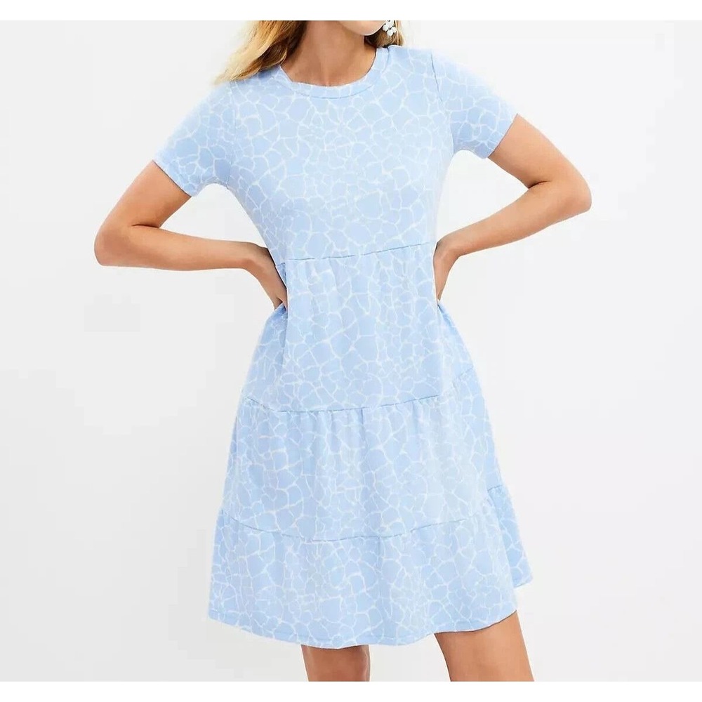 LOFT Petites Light Blue Giraffe Print Tiered Knit Mini Dress LP Short Sleeve